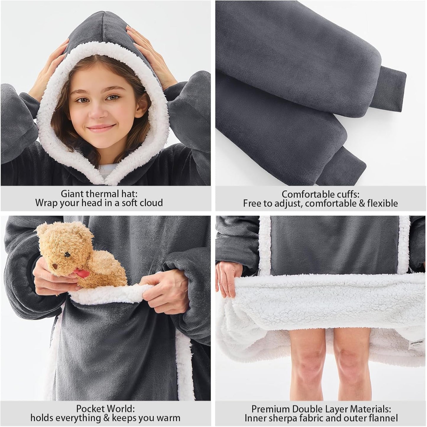 Wearable Blanket Hoodie,Oversized Cat Lovers Sweatshirt Blanket for Adult & Teens,Birthday Valentines Day Gifts for Teen Girls Boys Women 8-12,Cozy Sherpa Blanket Giant Pocket Gifts,Grey Small