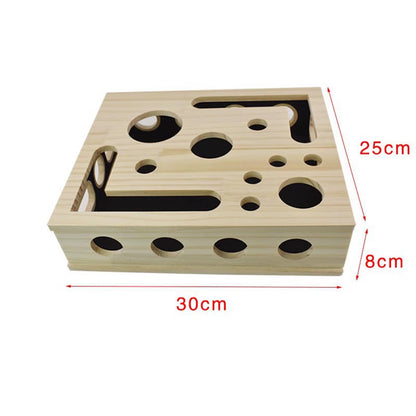 Interactive Wooden Cat Puzzle Toy with 3 Balls Tunnel Bell Ball Indoor Hunting Entertainment Play Toy for Kittens Training Box