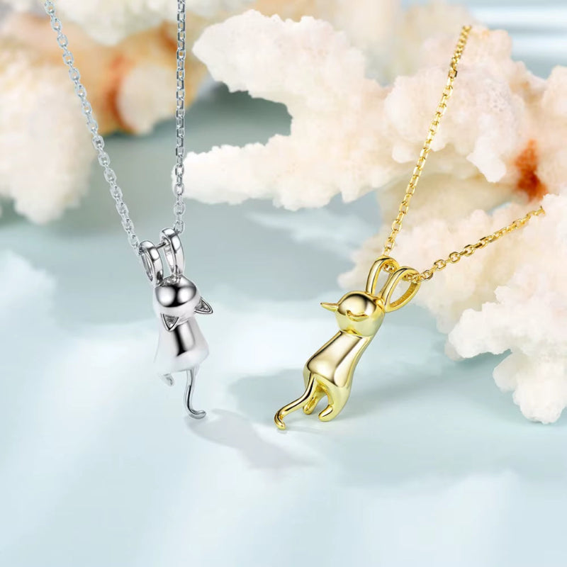 925 Sterling Silver Stretched Cat Necklace for Women 18Inches Rolo Chain Animals Chic Jewelry Gift for Cat Person SC36