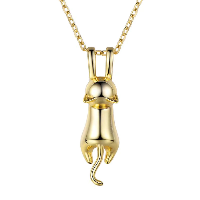 925 Sterling Silver Stretched Cat Necklace for Women 18Inches Rolo Chain Animals Chic Jewelry Gift for Cat Person SC36