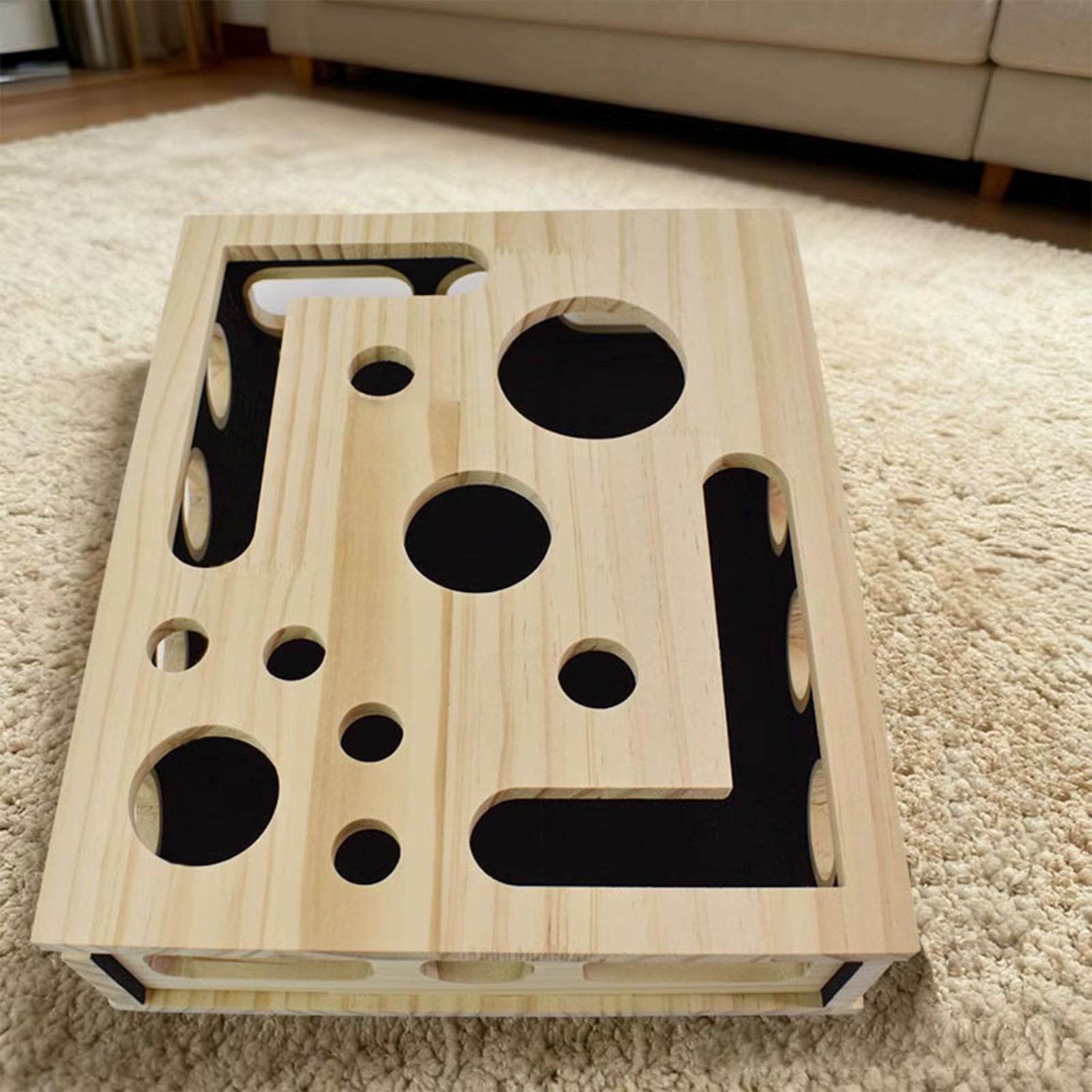 Interactive Wooden Cat Puzzle Toy with 3 Balls Tunnel Bell Ball Indoor Hunting Entertainment Play Toy for Kittens Training Box