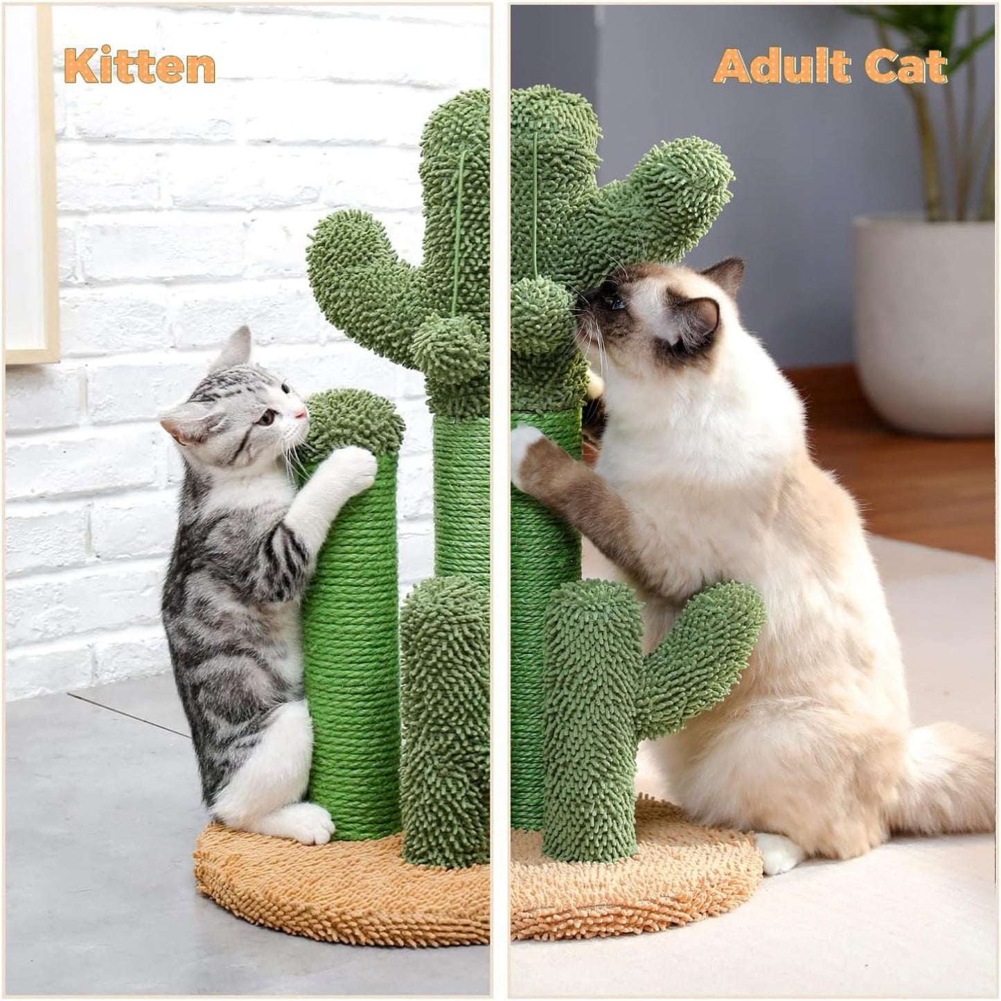 Cactus Cat Scratching Post with Natural Sisal Ropes, Interactive Ball, Cat Scratcher for Cats and Kittens Brown