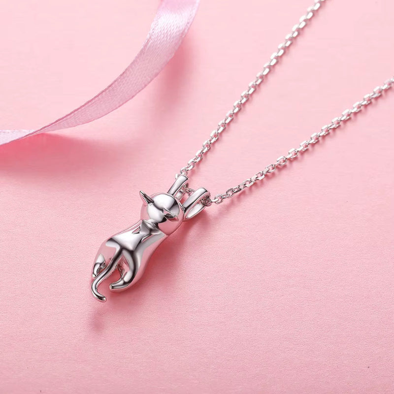 925 Sterling Silver Stretched Cat Necklace for Women 18Inches Rolo Chain Animals Chic Jewelry Gift for Cat Person SC36