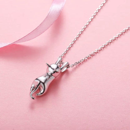 925 Sterling Silver Stretched Cat Necklace for Women 18Inches Rolo Chain Animals Chic Jewelry Gift for Cat Person SC36