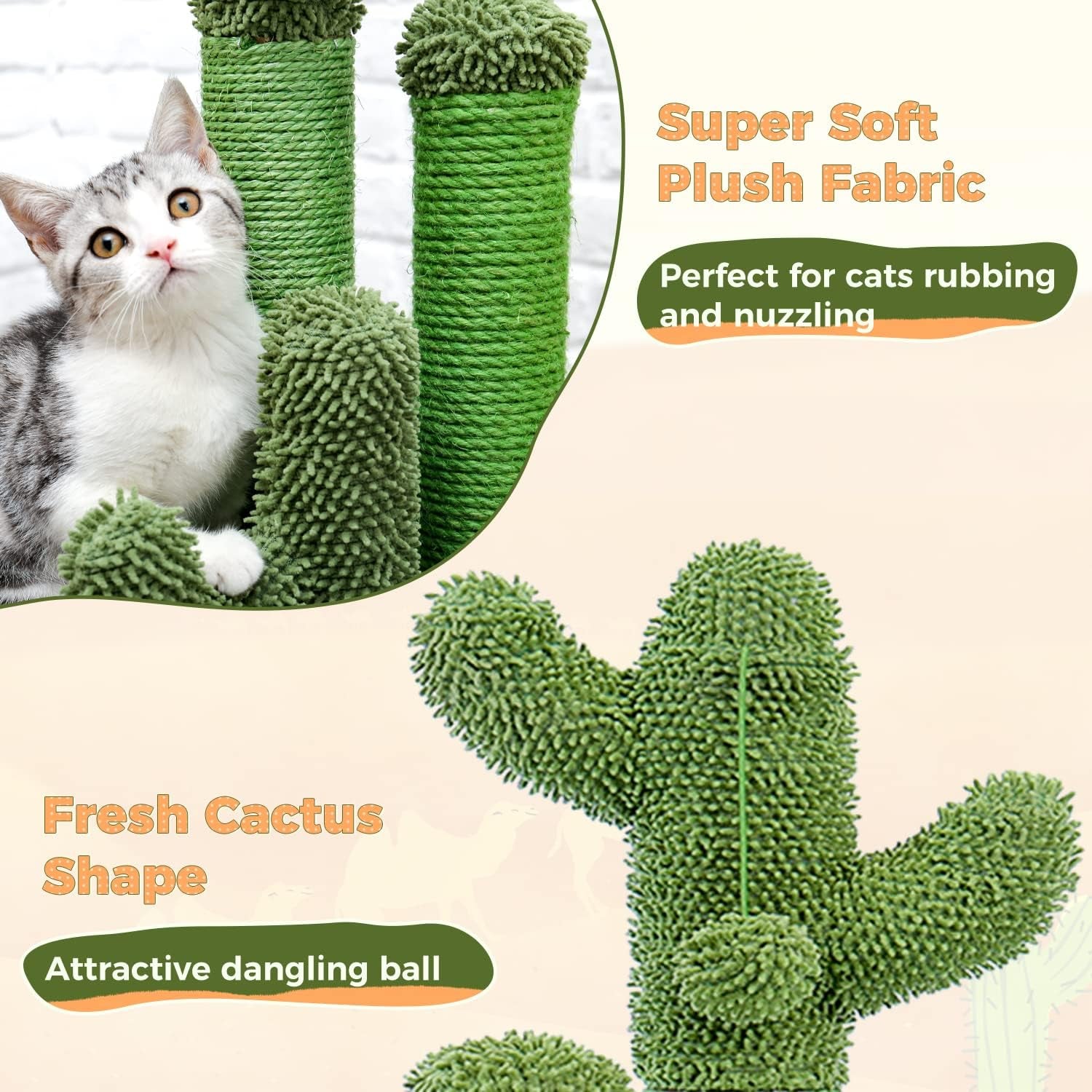 Cactus Cat Scratching Post with Natural Sisal Ropes, Interactive Ball, Cat Scratcher for Cats and Kittens Brown