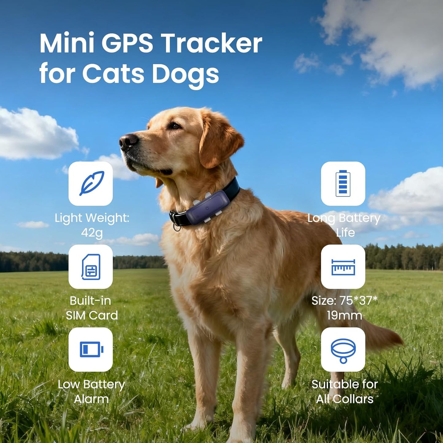 Cat Tracker Mini GPS Pet Tracker for Dogs Cats Waterproof Real-Time Location Tracker Virtual Fence 180 Days Location History 4G Cat Tracker Device for 6.5Lbs+ Pets