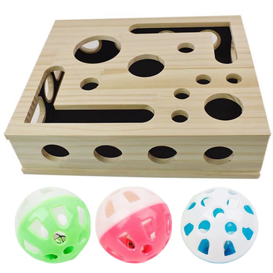 Interactive Wooden Cat Puzzle Toy with 3 Balls Tunnel Bell Ball Indoor Hunting Entertainment Play Toy for Kittens Training Box