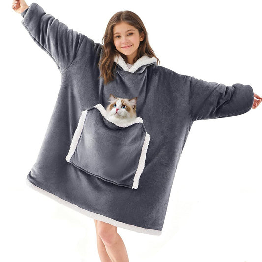 Wearable Blanket Hoodie,Oversized Cat Lovers Sweatshirt Blanket for Adult & Teens,Birthday Valentines Day Gifts for Teen Girls Boys Women 8-12,Cozy Sherpa Blanket Giant Pocket Gifts,Grey Small