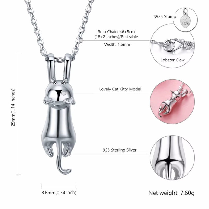 925 Sterling Silver Stretched Cat Necklace for Women 18Inches Rolo Chain Animals Chic Jewelry Gift for Cat Person SC36