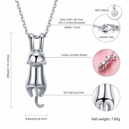 925 Sterling Silver Stretched Cat Necklace for Women 18Inches Rolo Chain Animals Chic Jewelry Gift for Cat Person SC36