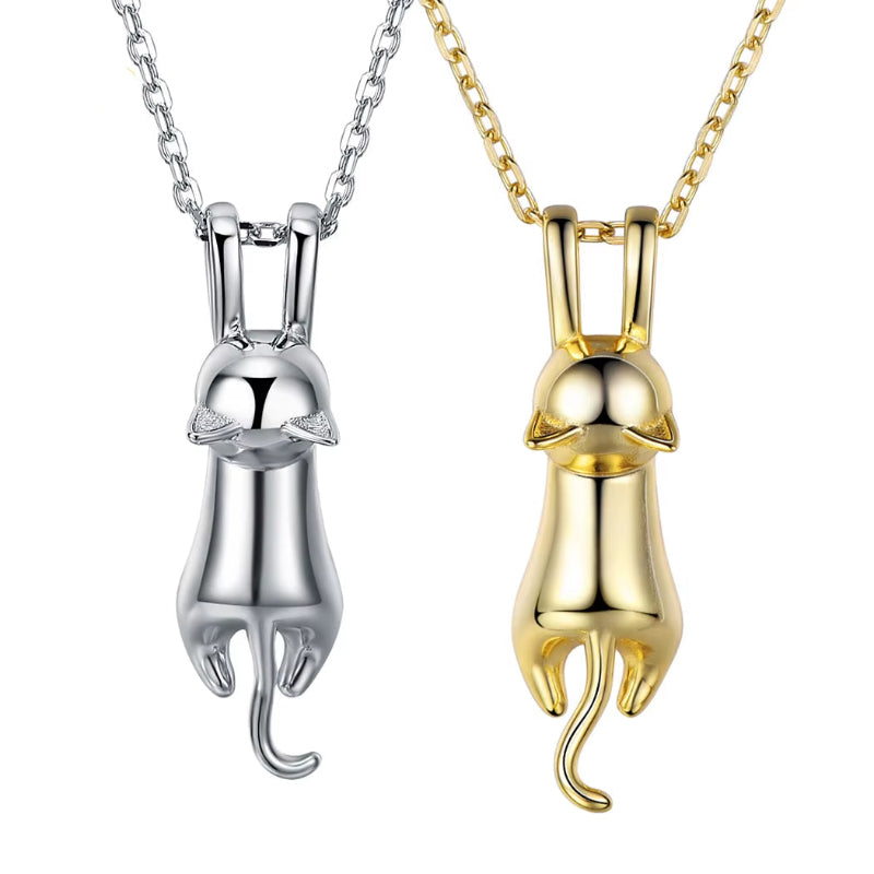 925 Sterling Silver Stretched Cat Necklace for Women 18Inches Rolo Chain Animals Chic Jewelry Gift for Cat Person SC36