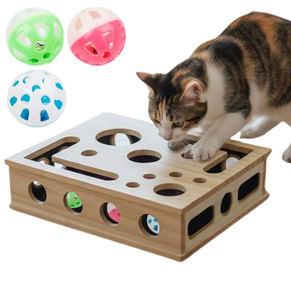 Interactive Wooden Cat Puzzle Toy with 3 Balls Tunnel Bell Ball Indoor Hunting Entertainment Play Toy for Kittens Training Box