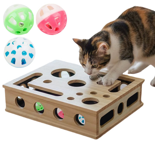 Interactive Wooden Cat Puzzle Toy with 3 Balls Tunnel Bell Ball Indoor Hunting Entertainment Play Toy for Kittens Training Box
