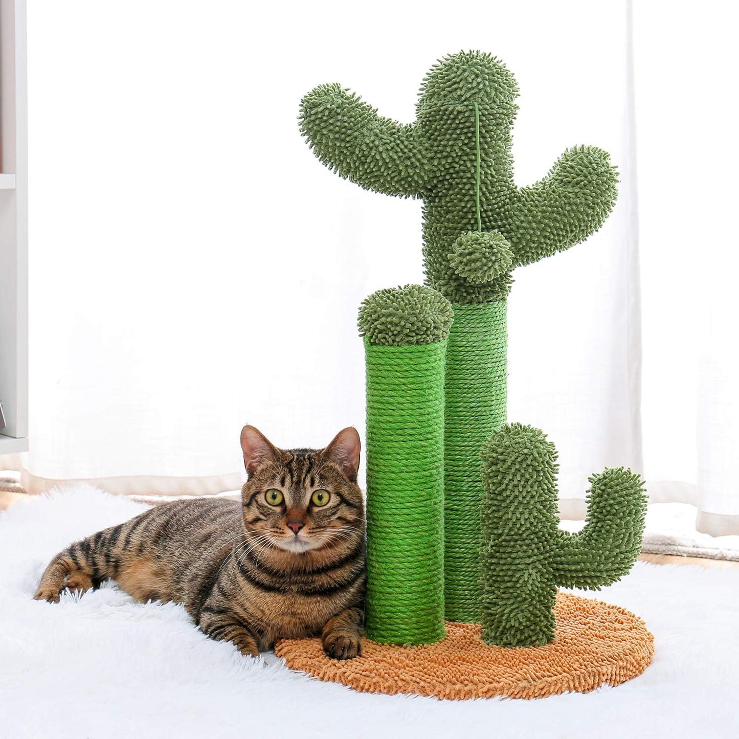 Cactus Cat Scratching Post with Natural Sisal Ropes, Interactive Ball, Cat Scratcher for Cats and Kittens Brown